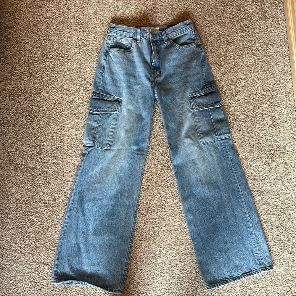 Denim Forum the Farrah hi-rise wide jeans. Cargo side pockets from Aritzia